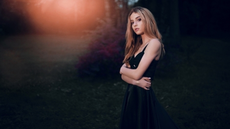 Pretty Blonde at Twilight - woodland area, sun setting, blonde, black dress, grass