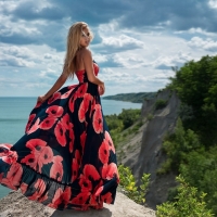 Blonde model in Striking Dress