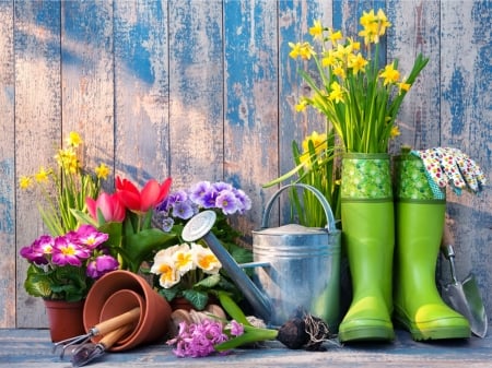 Easter Break - gardener utensils, pots, can, flowers, shoes