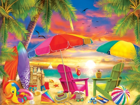 Colors of the Beach - palms, sunset, digital, artwork, chairs, sea, umbrellas