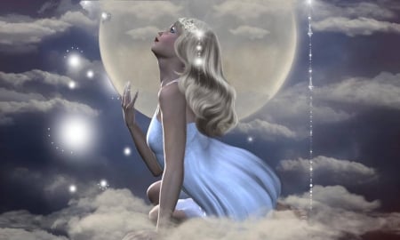 Fantasy Girl on a Cloud - clouds, moon, ethereal, beauty, stars, woman, glitter, Fantasy, softness