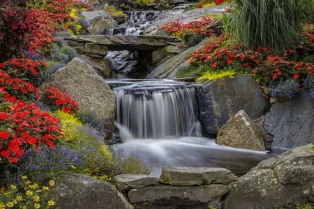 Water cascades - rocks, water, beautiful, waterfall, wildflowers, park, cascades