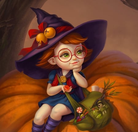 Little witch - hat, svetlana bukanova, girl, pumpkin, orange, bag, witch, fantasy, glasses, green, halloween, cute, little, luminos