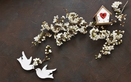 Happy Spring! - bird, heart, brown, spring, flower, pasari, white, valentine, housebird