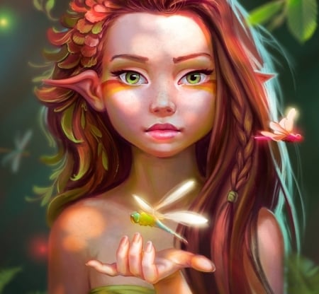 Young Dryad - svetlana bukanova, redhead, elf, girl, libelula, fantasy, face, art, dryad, dragonfly, hand