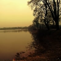 Spring river flood in the evening