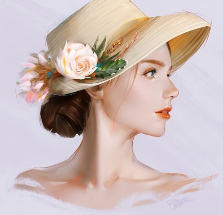 Beauty - hat, superschool48, profile, portrait, girl, flower, fantasy, punk, rose, face, art, luminos