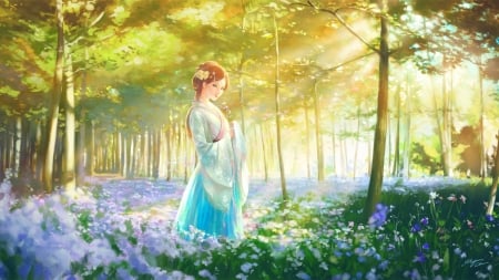 Forest Sunlight - flowers, sunlight, trees, girl, forest