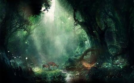 Deers - 4k, fantasy, forest, deer