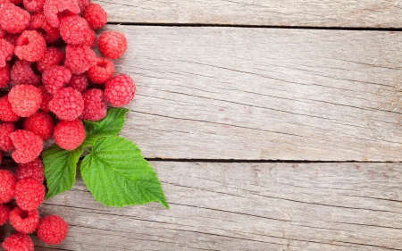 Raspberries - wood, raspberry, pink, red, card, green, leaf, fruit