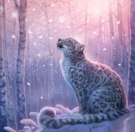 Taste of tranquility - winter, snowflakes, blue, s, pink, superb, deyvarah, frumusete, fantasy, animal, gorgeous, snow leopard, iarna, luminos