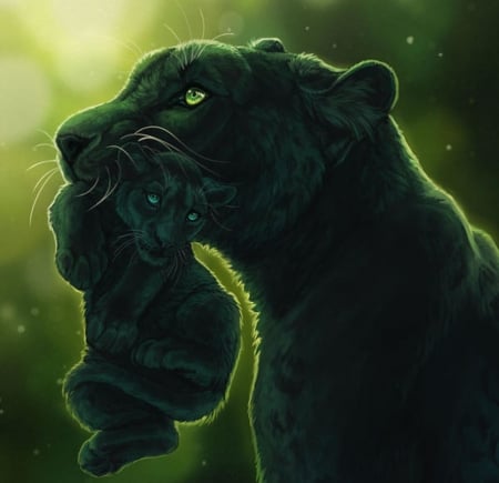 Carry you - cub, deyvarah, black, fantasy, animal, green, cute, panther, luminos