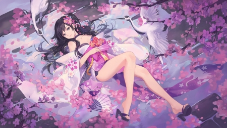 Lady Lay on her back - Smileing, Lay on her back, long Black hair, pink