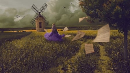 Field of Dreams - clouds, trees, birds, girl, music notes, wind, field, windmill, sky