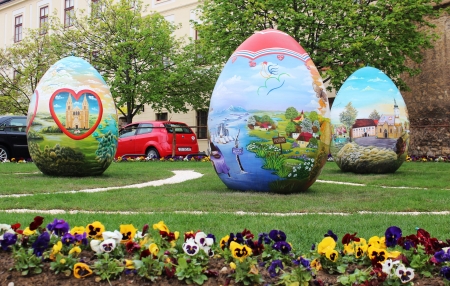 Easter Eggs - park, city, flowers, colors, spring, pansies