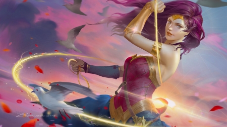 Wonder Woman - bird, comics, lasso, pink, wonder woman, pasari, fantasy, taiwei bi, luminos