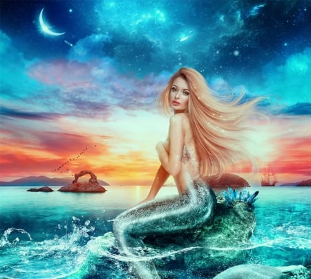 Mermaid - moon, water, summer, blue, girl, kellieart, fantasy, wind, sunset, siren, mermaid, red, vara, sky, luna