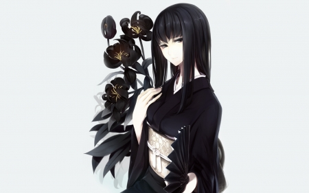 Black irises - flower, black, iris, anime, girl, evantai, fantasy, hand fan, luminos