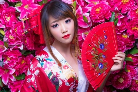 Beauty - woman, girl, asian, model, hand fan, pink, evantai, red, flower