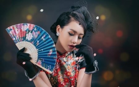 Beauty - hat, hand fan, blue, girl, glove, black, retro, evantai, hand, woman, model, asian