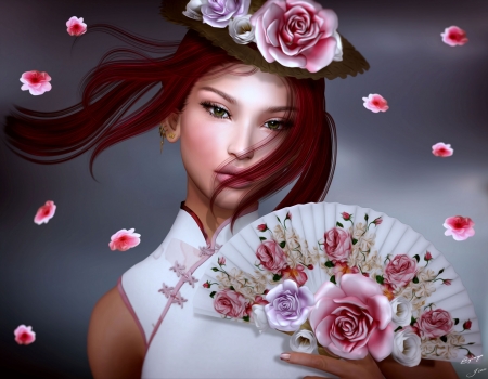 Beauty - hand fan, girl, flower, petals, pink, fantasy, wind, white, evantai, rendering, rose, asian, luminos