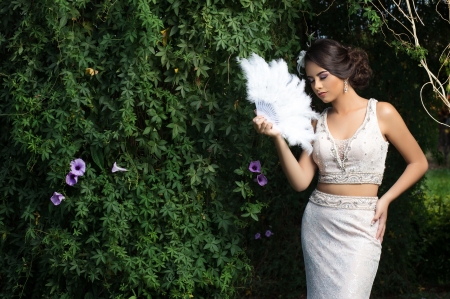 Beauty - white, hand fan, model, girl, woman, evantai