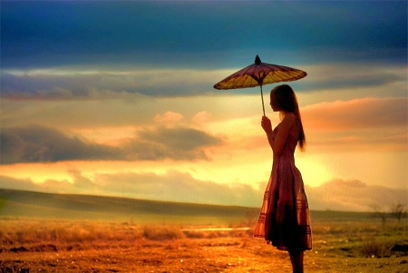 Standing Alone - sky, sunset, girl, umbrella, colors