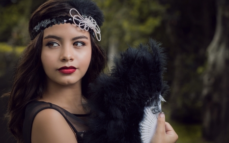 Beauty - woman, girl, black, model, face, hand fan, evantai, feather, retro