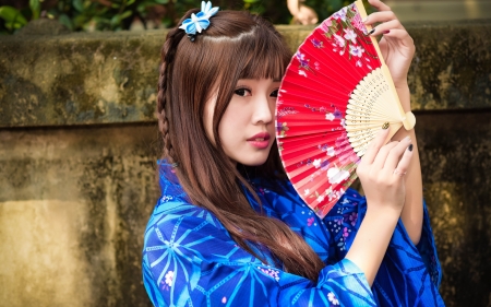 Beauty - hand fan, blue, girl, kimono, evantai, red, woman, model, asian