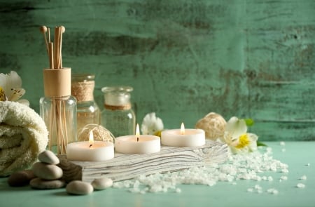 Spa - set - orchids, pebbles, towel, candles, jars