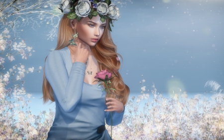 Girl - fantasy, wreath, blue, rendering, girl, flower