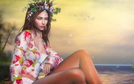 Girl - fantasy, wreath, rendering, girl, flower