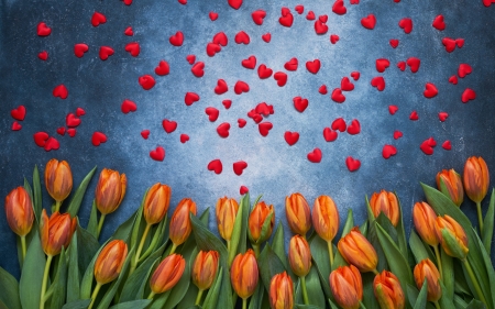 :-) - lalea, sky, heart, valentine, creative, blue, red, orange, card, tulip, flower