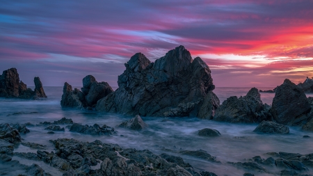 Ocean Sunset - horizon, sky, ocean, clouds, sunset, rocks, waves