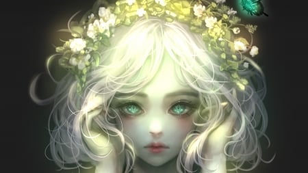 Sweet Face - green eyes, butterfly, flowers, girl