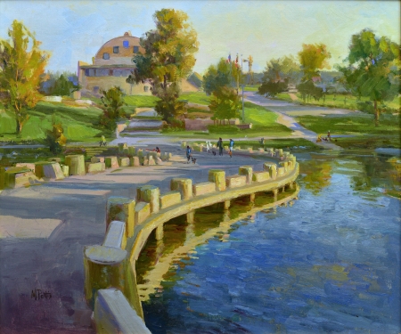 Late Day Shadows and a Sweep of Light - painting, mary pettis, art, water, pictura, bridge