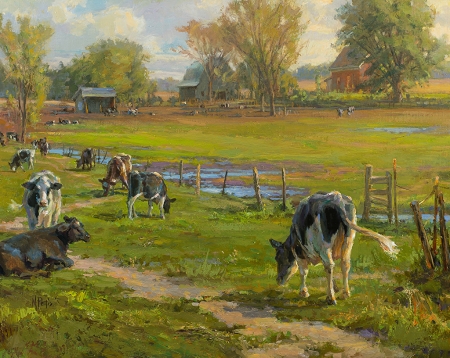 Neighbors - painting, mary pettis, fence, art, cow, pictura, country