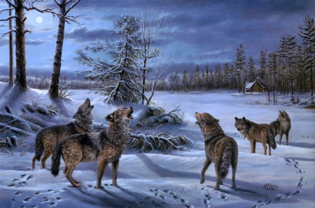 Wolves - moon, howl, lup, night, winter, wolf, painting, art, pictura