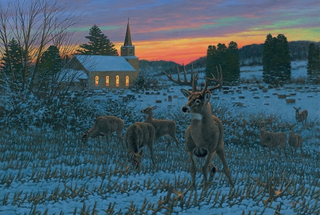 The Stone Church Buck - house, michael sieve, pictura, sunset, deer, painting, farm, art