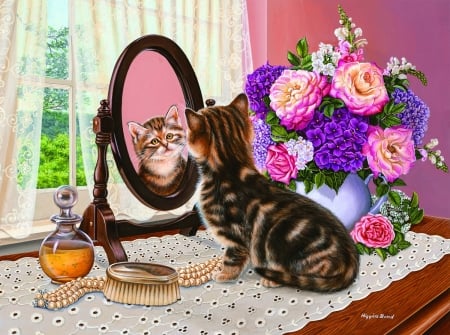 :) - flower, pink, cat, pictura, barbara higgins bons, mirror, painting, pisici, art