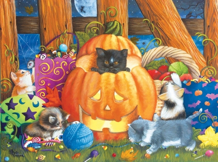 Halloween kittens - pictura, kitten, painting, pisici, halloween, pumpkin, art, cat