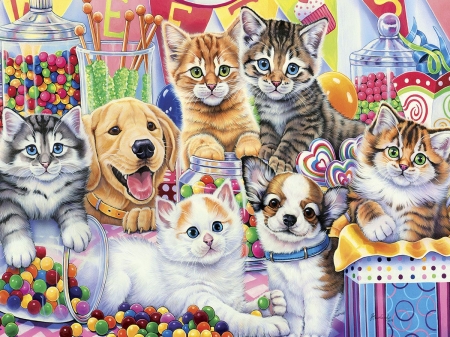 Sweet shop - dog, cat, pictura, painitng, kitten, painting, puppy, sweet shop, art