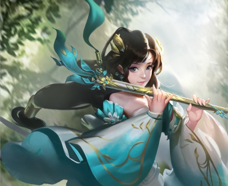 Fantasy girl - inrainn chan, fantasy, blue, flute, girl, luminos