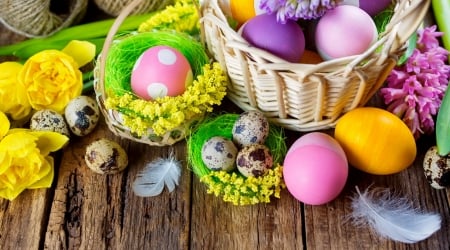 Happy Easter! - easter, colorful, basket, eggs, pretty, beautiful, holiday, feather, happy