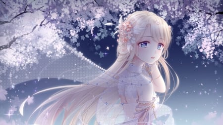 Miracle Nikki - pretty, anime, dress, night, long hair, flowers, petals flowers, sky, anime girl, cherry blossom, beautiful, blonde hair, beauty, lovely, tree, wind, nature, soft, sweet cute