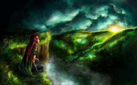 Home Bound - sky, elf, girl, sun, cliff, mountains, mist, clouds, fog