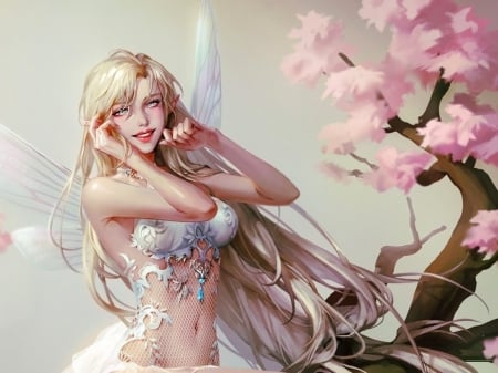 Fairy - elf, girl, frumusete, fantasy, superb, spring, cherry blossom, art, gorgeous, sakura, pink, luminos, fairy, smile, cute, flower