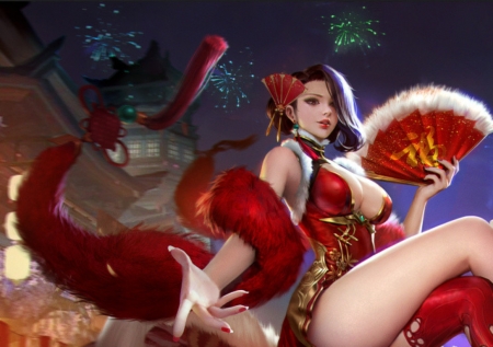 Fantasy girl - new year, fmm cat, frumusete, fmmcat, asian, fantasy, hand fan, luminos, red, evantai, fireworks