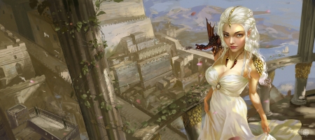 Daenerys - oldzhang, frumusete, art, mother of dragons, fantasy, game of thrones, old zhang, dragon, luminos, daenerys targaryen