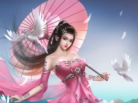 Fantasy girl - bird, blue, dove, girl, pink, frumusete, pasari, fantasy, umbrella, parasol, luminos